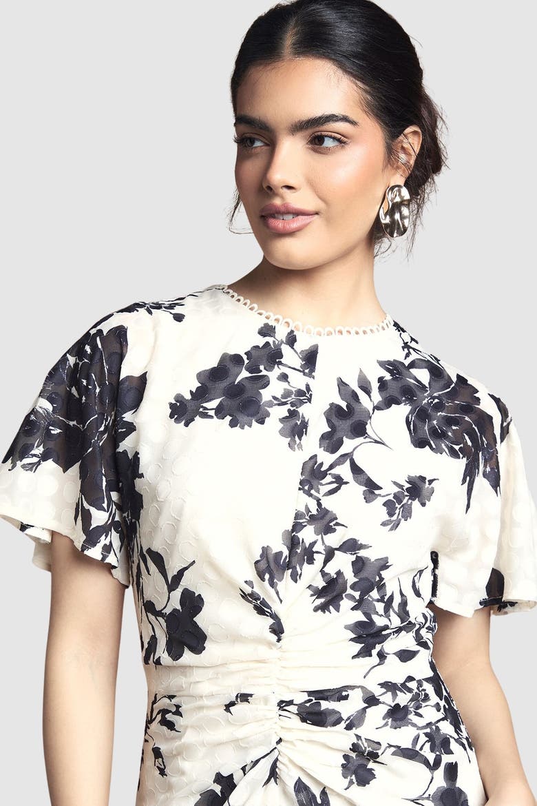 Floral Jacquard Cape Sleeve Midi Dress