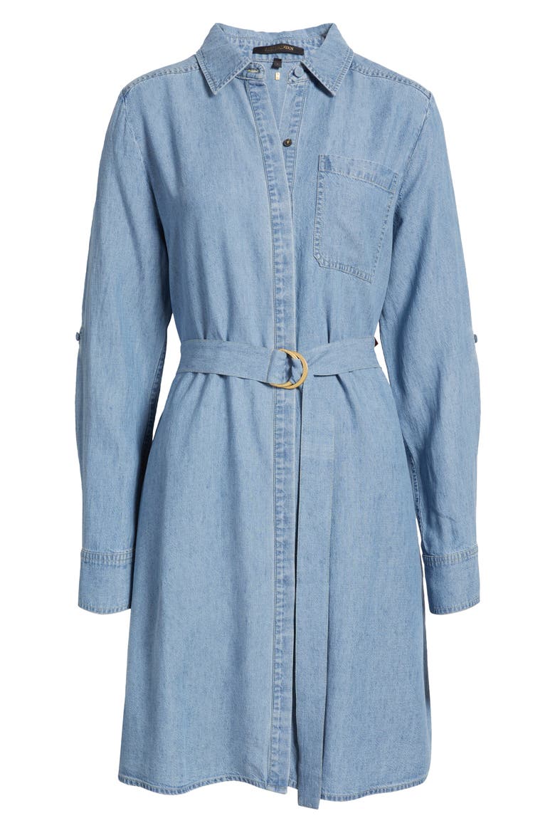 Tie Waist Button Front Long Sleeve Chambray Dress