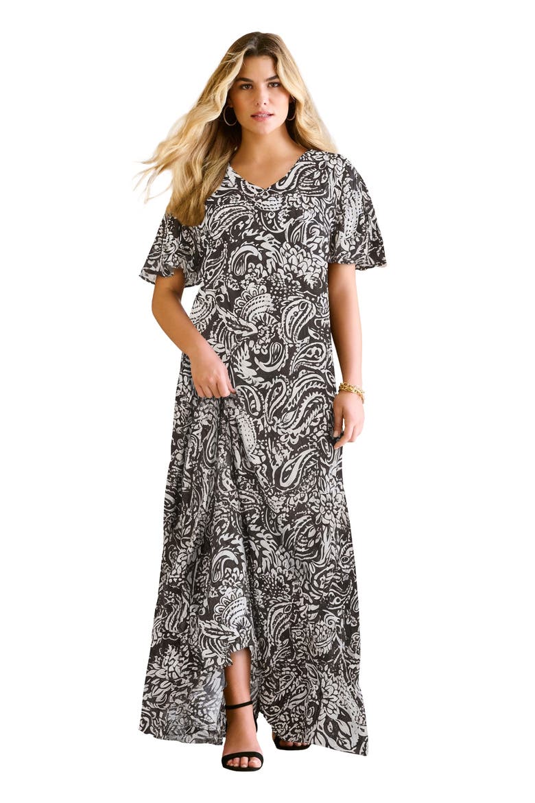 Plus Size Hand Crinkled Flutter Sleeve Maxi Dress