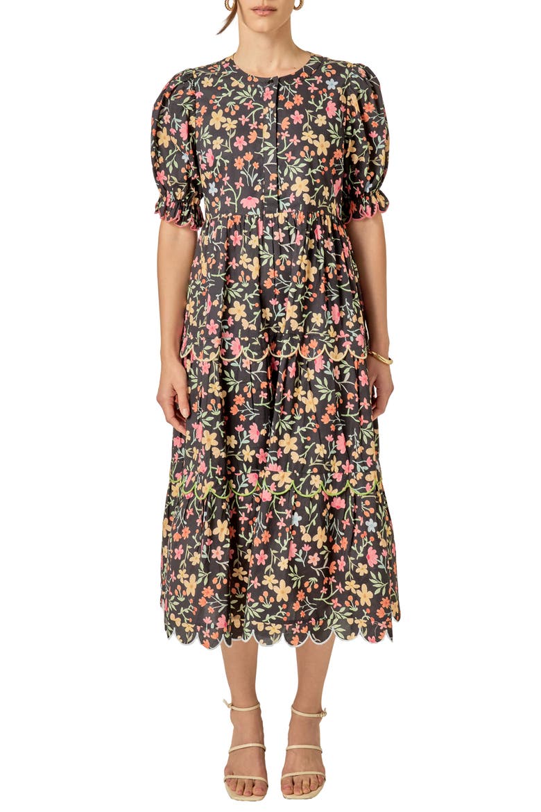Scallop Edge Floral Print Midi Dress