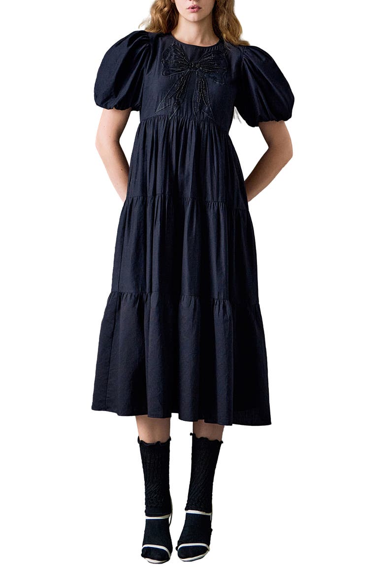 Sequin Bow Detail Tiered Organza Midi Dress