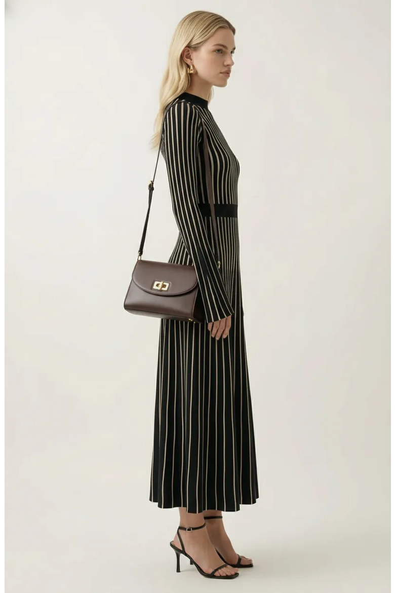 Striped Rib-Knit Long Sleeve Maxi Dress with Mock Neck