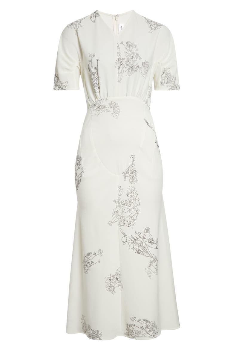 Gathered Detail Floral Stretch Cady Midi Dress