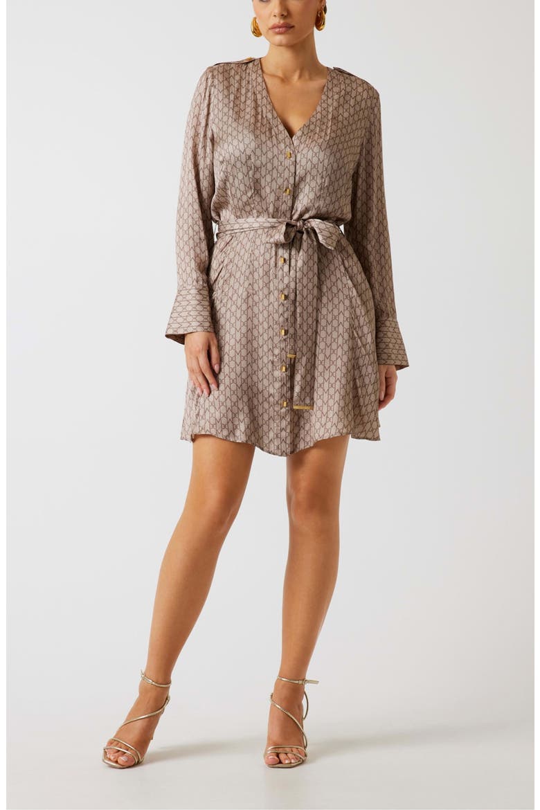 Britney Logo Print Long Sleeve Satin Shirtdress