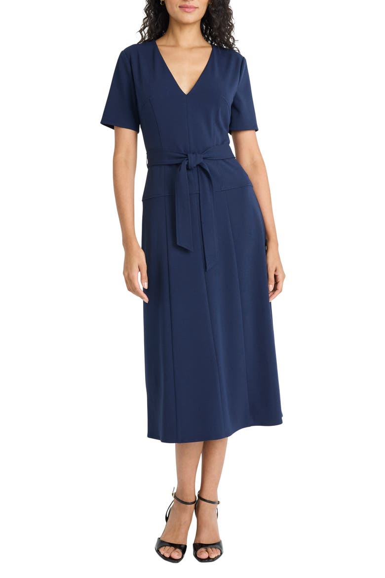 Short Sleeve Tie Waist A-Line Midi Dress