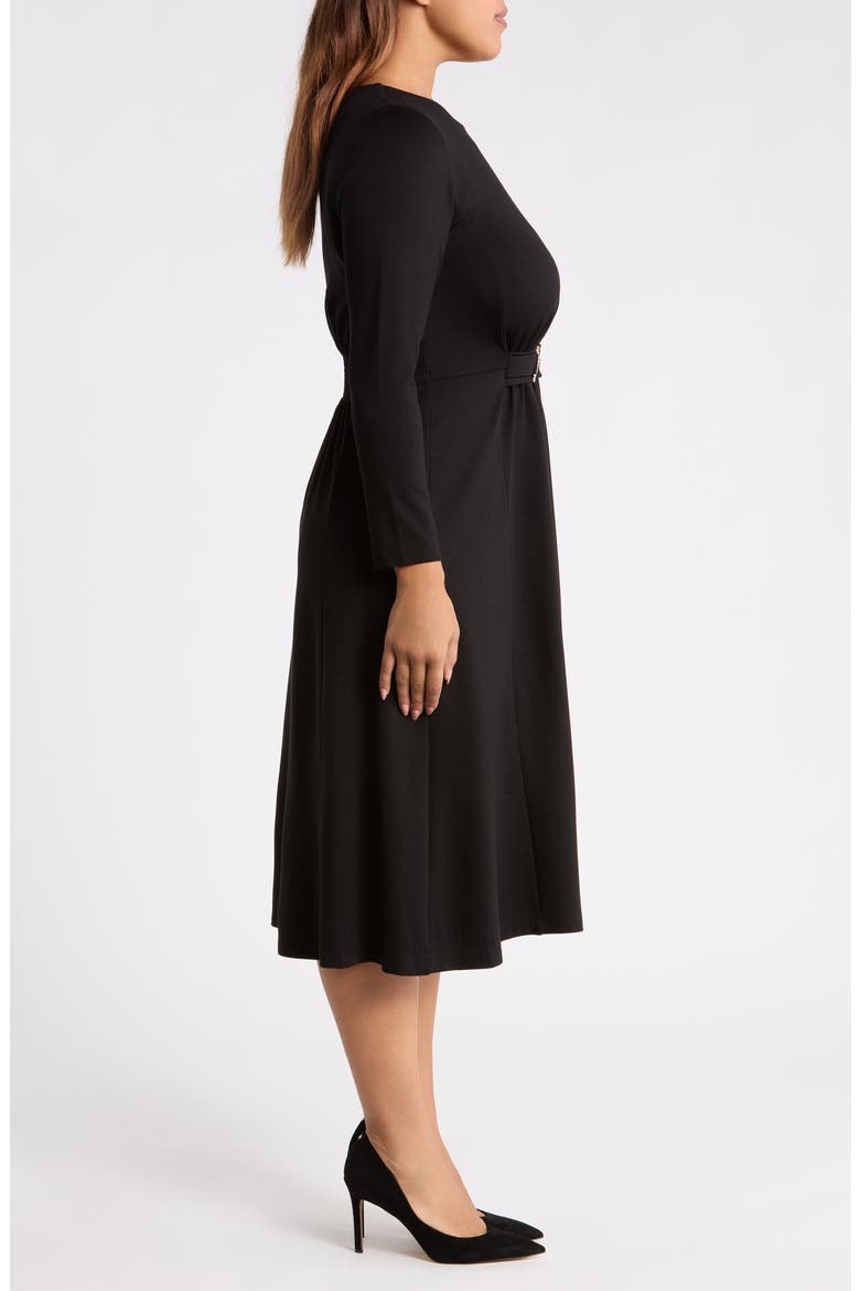 Accent Waist Long Sleeve Midi Dress
