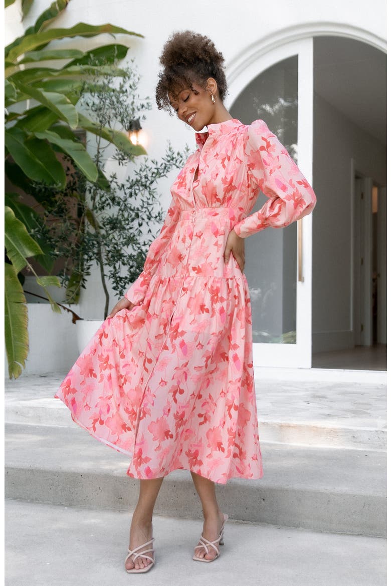 Forever Print Long Sleeve Tiered Midi Dress