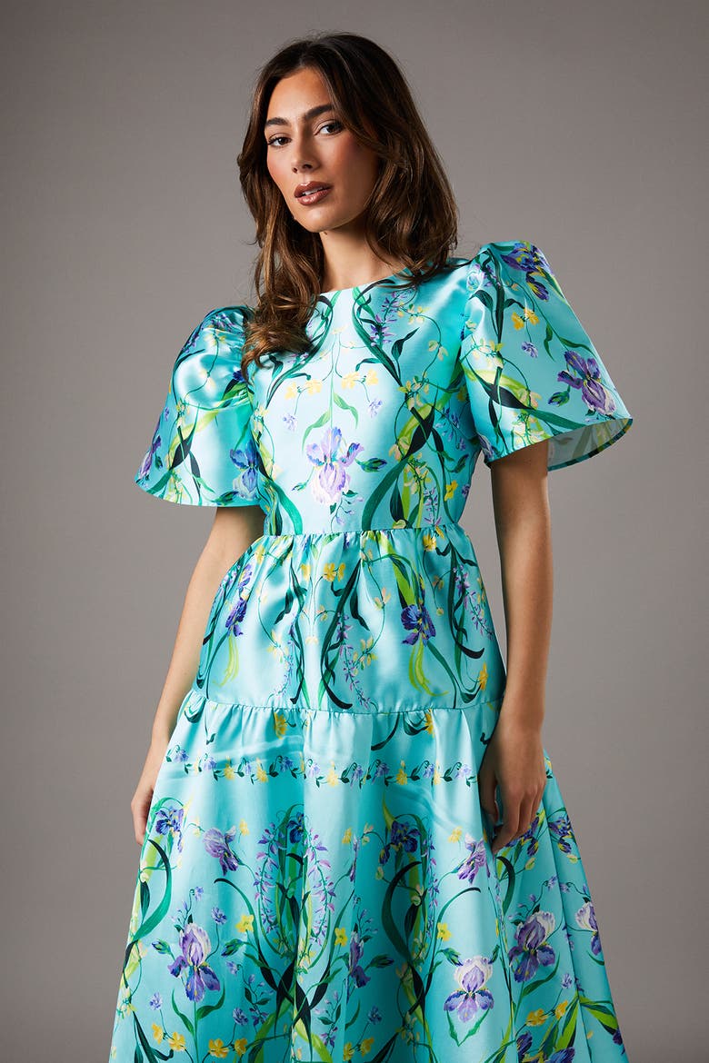 Twill Puff Sleeve Printed Midi Dress