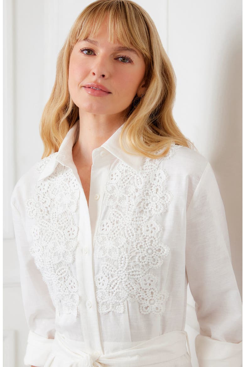 Floral Appliqué Long Sleeve Cotton & Linen Shirtdress