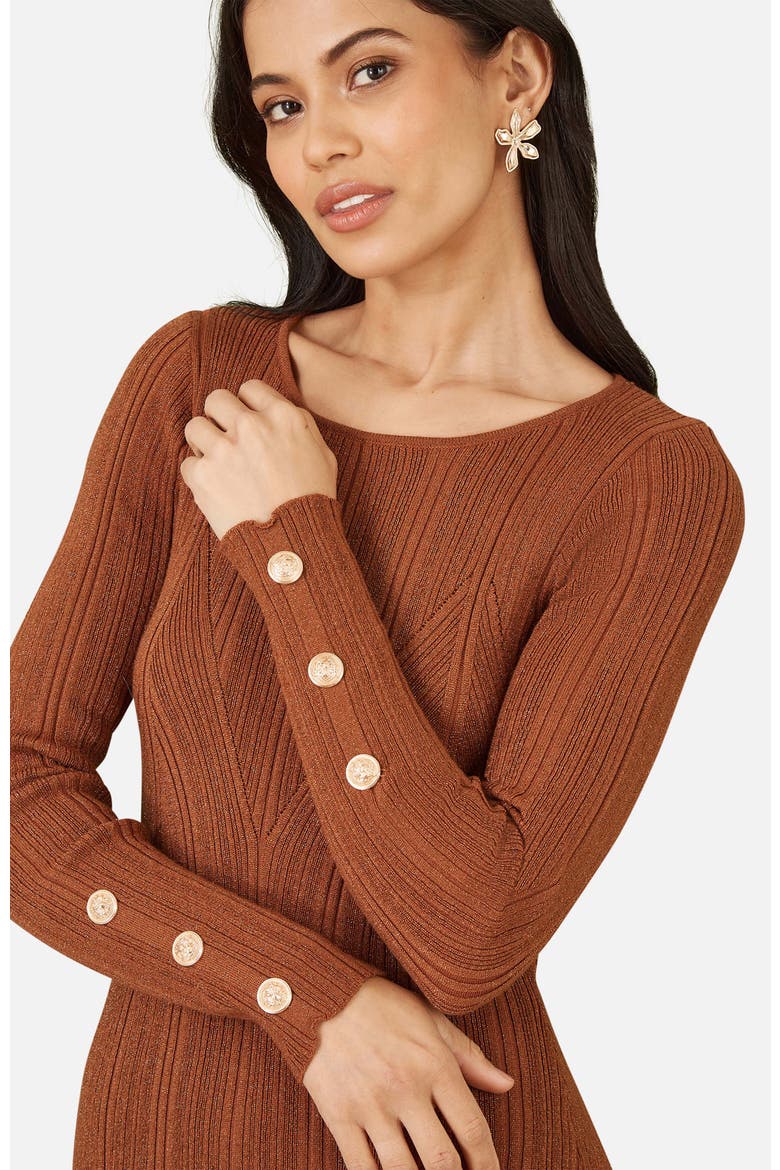 Fitted Button-Detail Shimmery Midi Dress