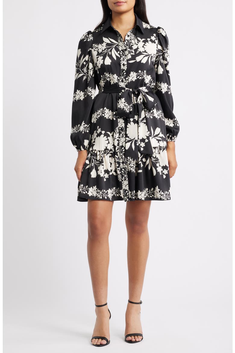 Floral Long Sleeve Tiered Shirtdress