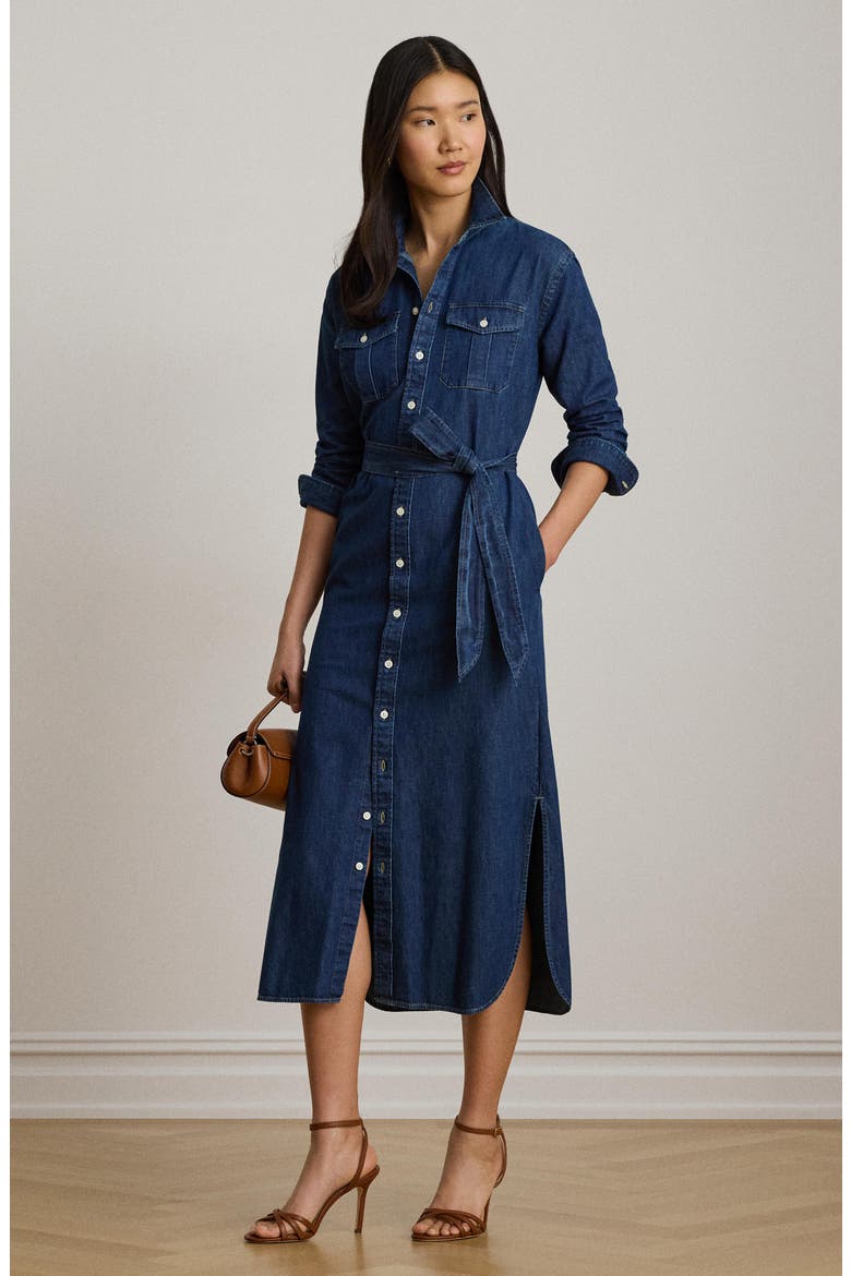 Long Sleeve Belted Cotton Denim Midi Shirtdress