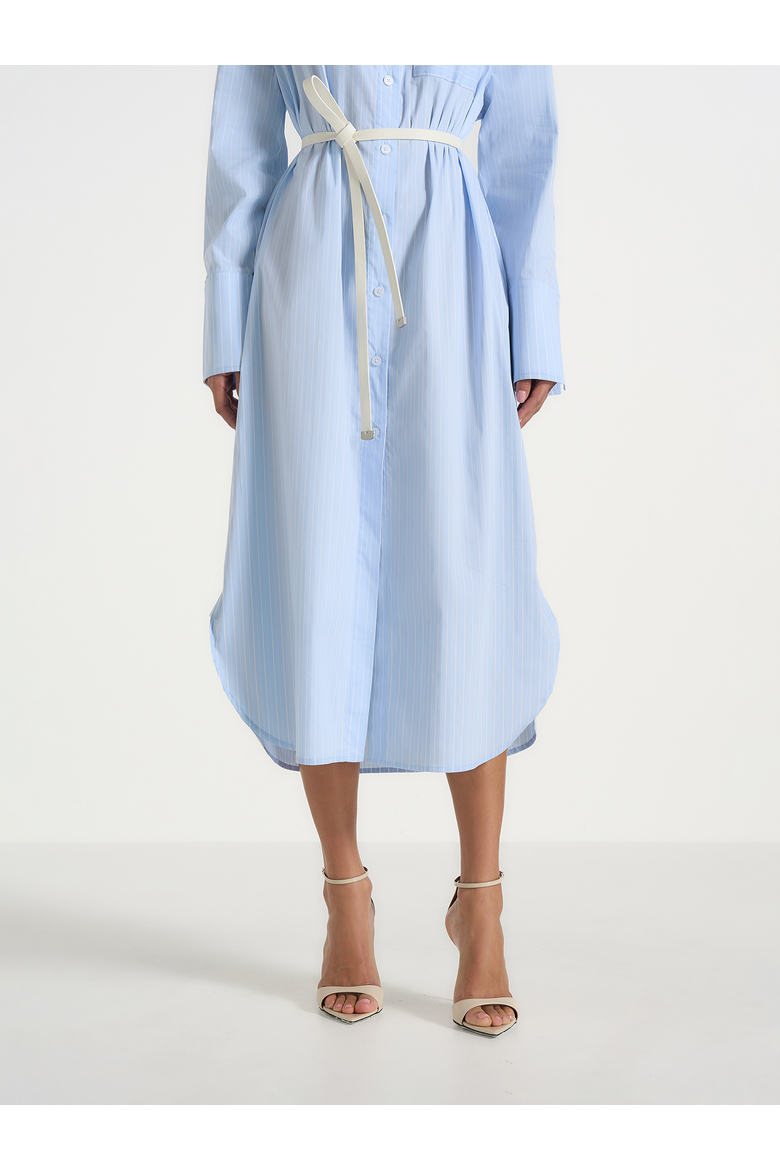 Isa Belted Pinstripe Cotton Midi Shirt Dress