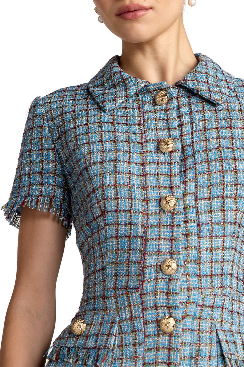 Collared Tweed Mini Dress With Fringe Trim