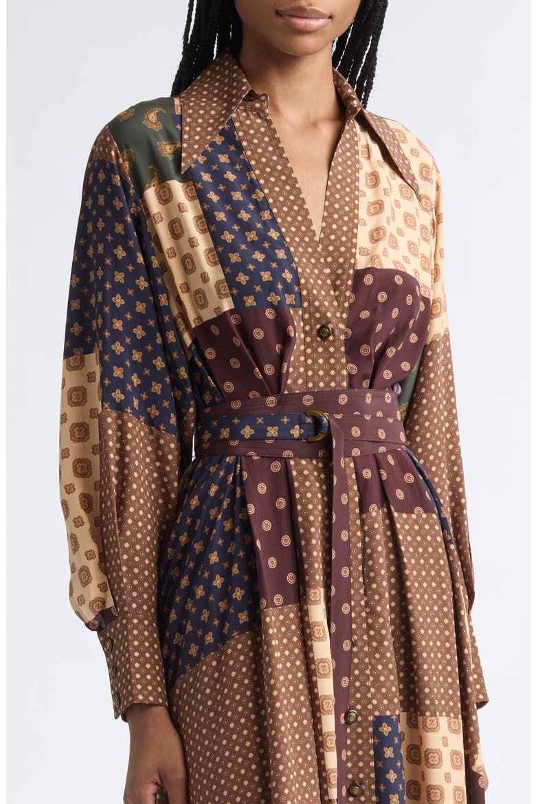 Patchwork Foulard Print Long Sleeve Midi Dress