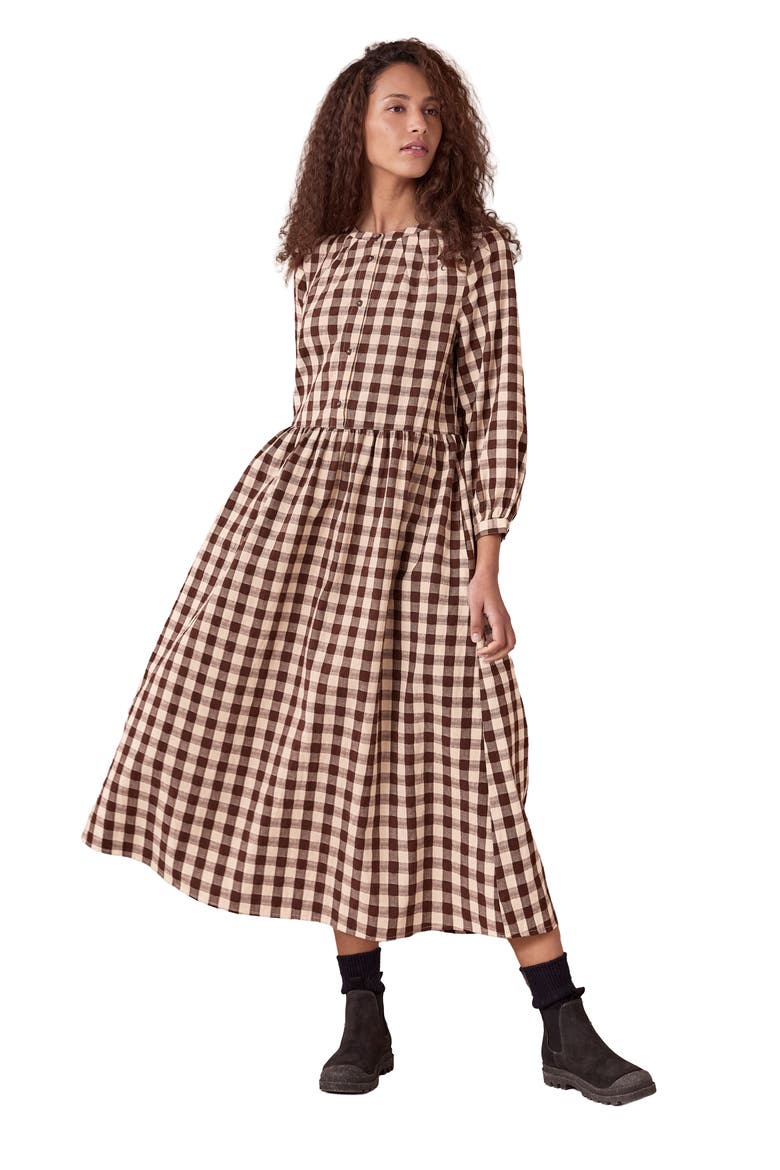 Collarless Gingham Midi Dress