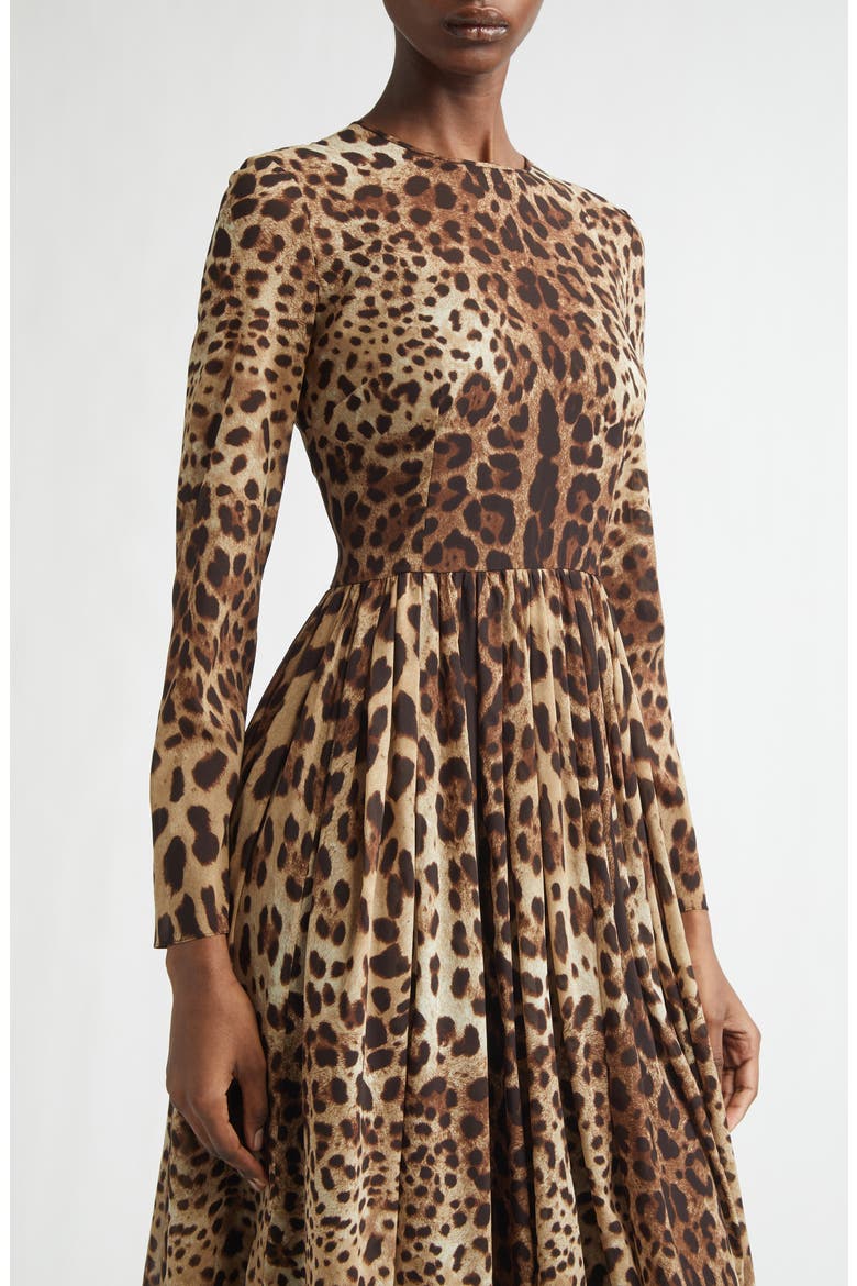 Leopard Print Long Sleeve Stretch Silk Midi Dress