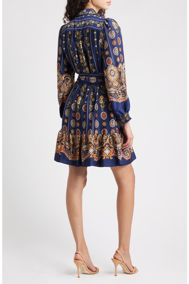 Medallion Print Long Sleeve Tie Waist Shirtdress