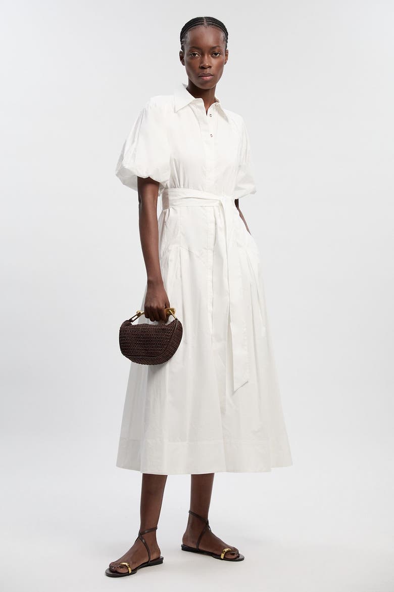 Cotton Puff Sleeve Midi Shirt Dress