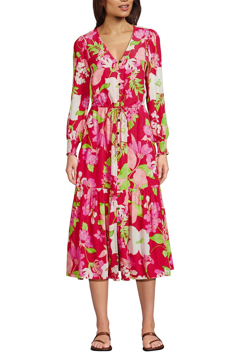Crepe Button Front Long Sleeve Midi Dress