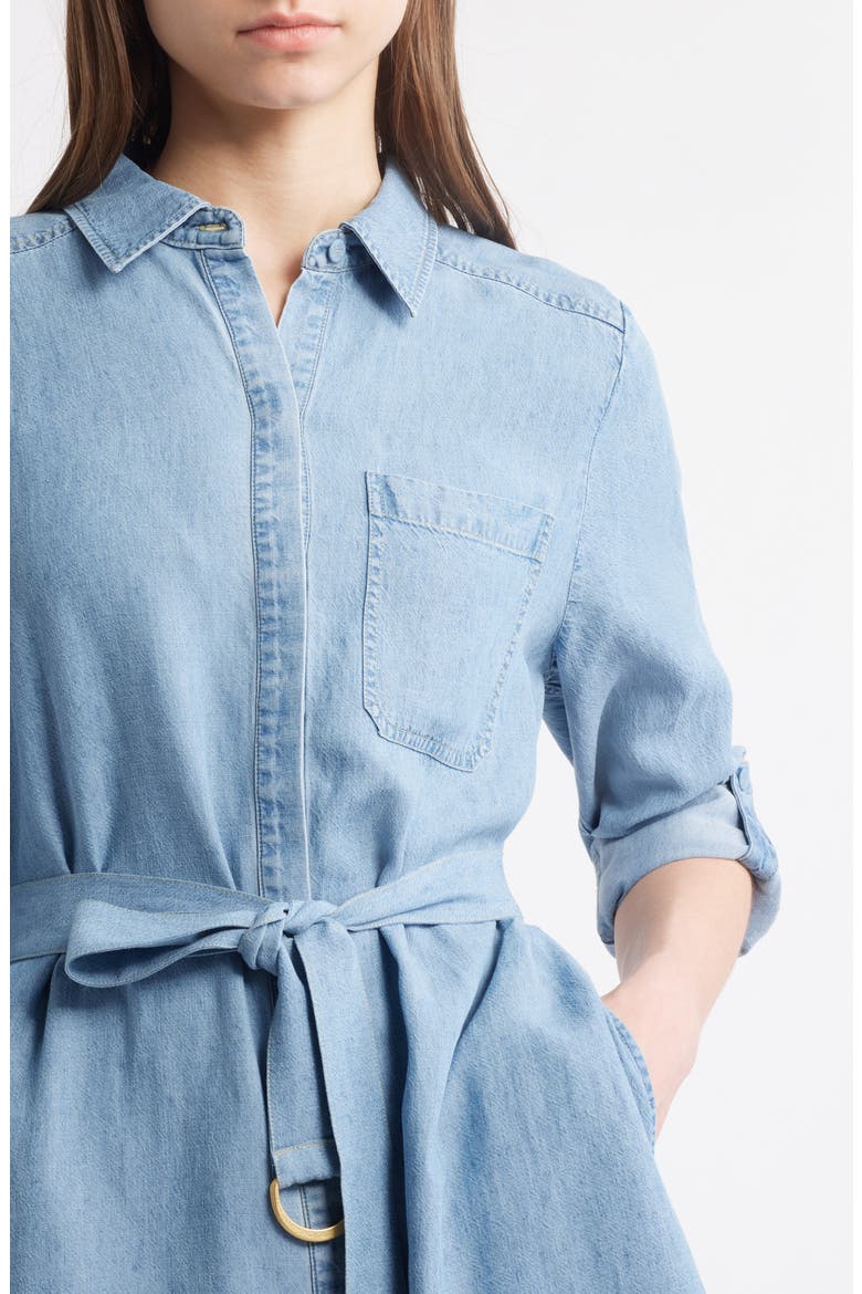 Tie Waist Button Front Long Sleeve Chambray Dress