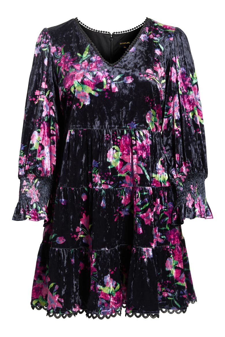 Tulda Amari Floral Long Sleeve Tiered Velvet Dress