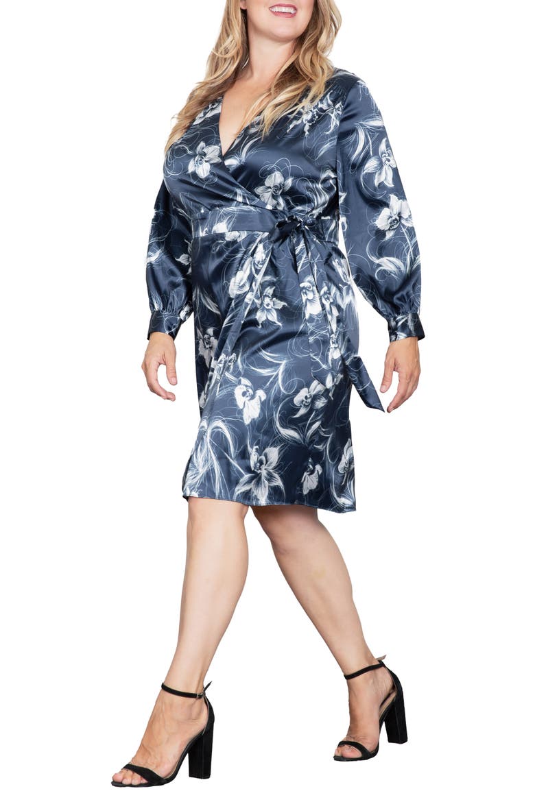 Floral Print Long Sleeve Faux Wrap Satin Dress