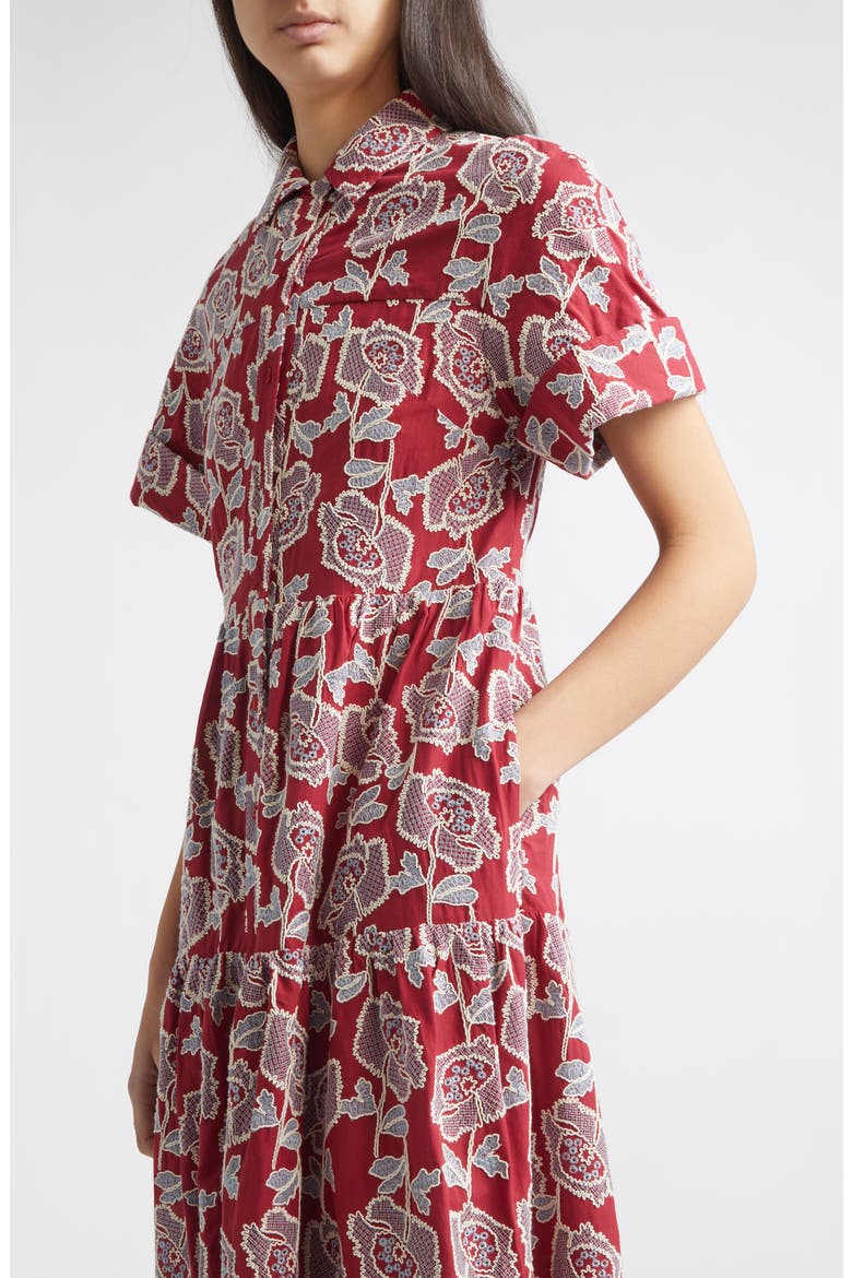 Floral Embroidered Tiered Cotton Blend Midi Shirtdress