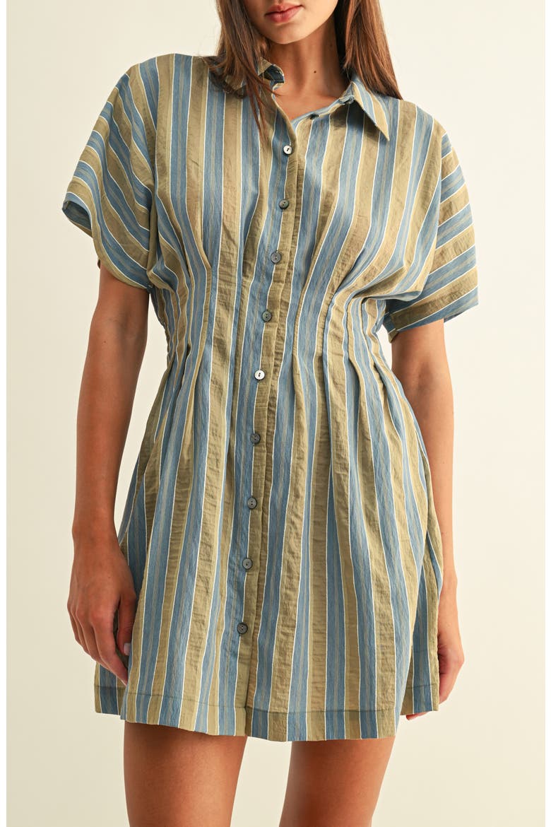 Dominique Stripe Pleat Mini Shirtdress