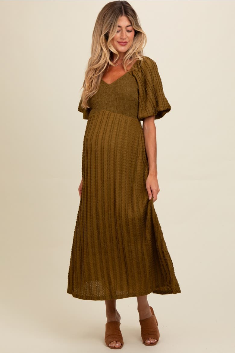 Smocked V-Neck Short Puff Sleeve Textured Midi Dress