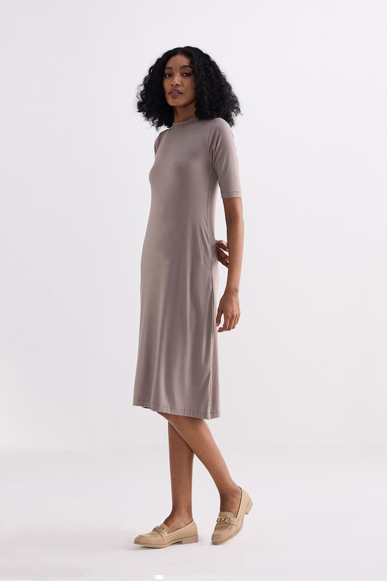 High Neck Elbow Sleeves Fitted Dress