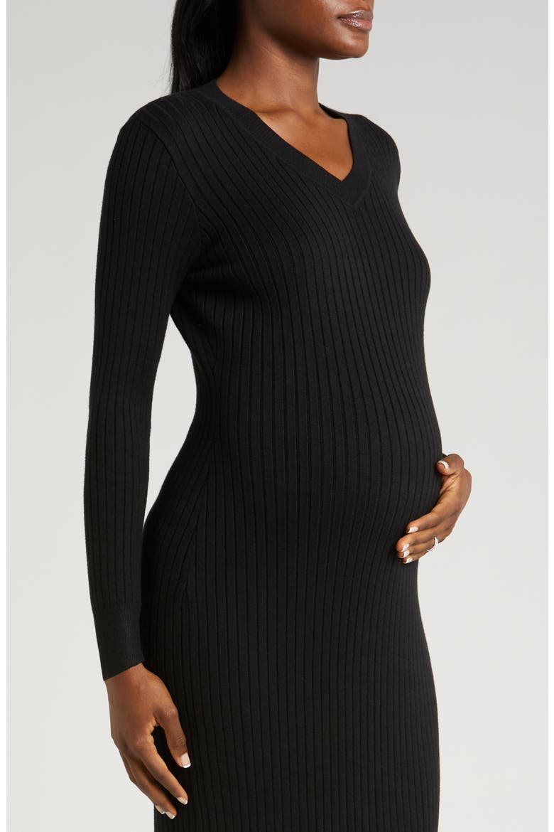 Women's Ribbed Long Sleeve V-Neck Midi Sweater Dress