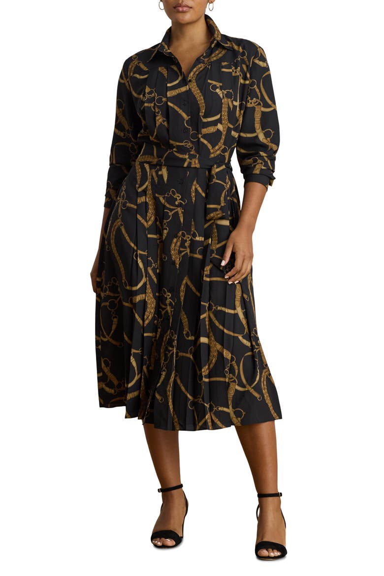 Belt Print Long Sleeve Crêpe de Chine Midi Shirtdress