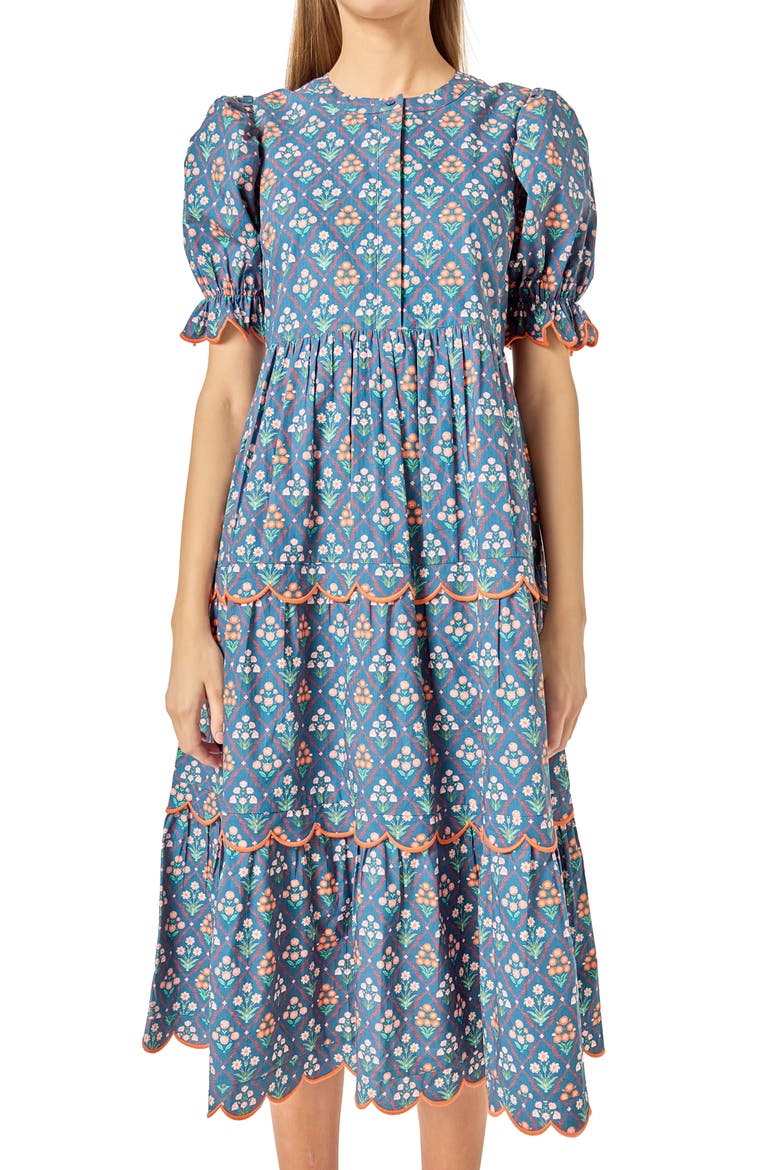 Ditsy Floral Scallop Trim Tiered Midi Dress