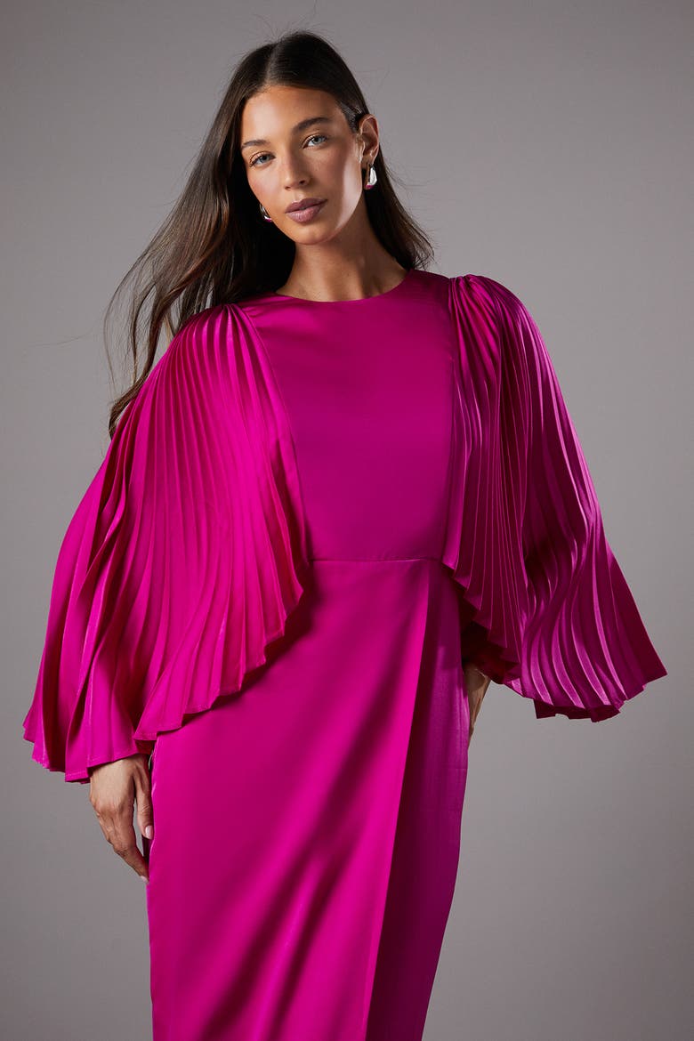 Short Sleeve Pleated Cape Maxi Dress