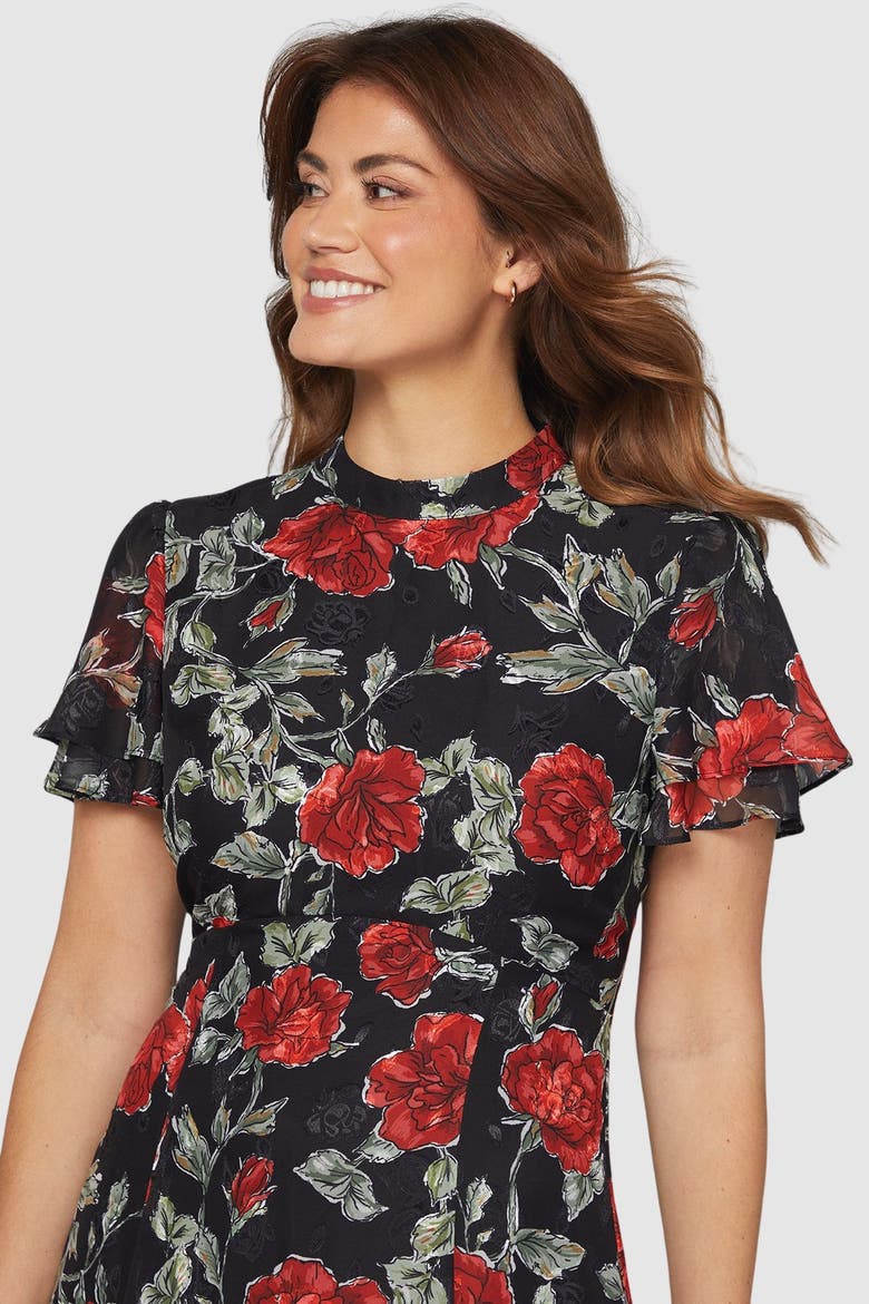 Floral Burn Out Ruffle Midi Dress
