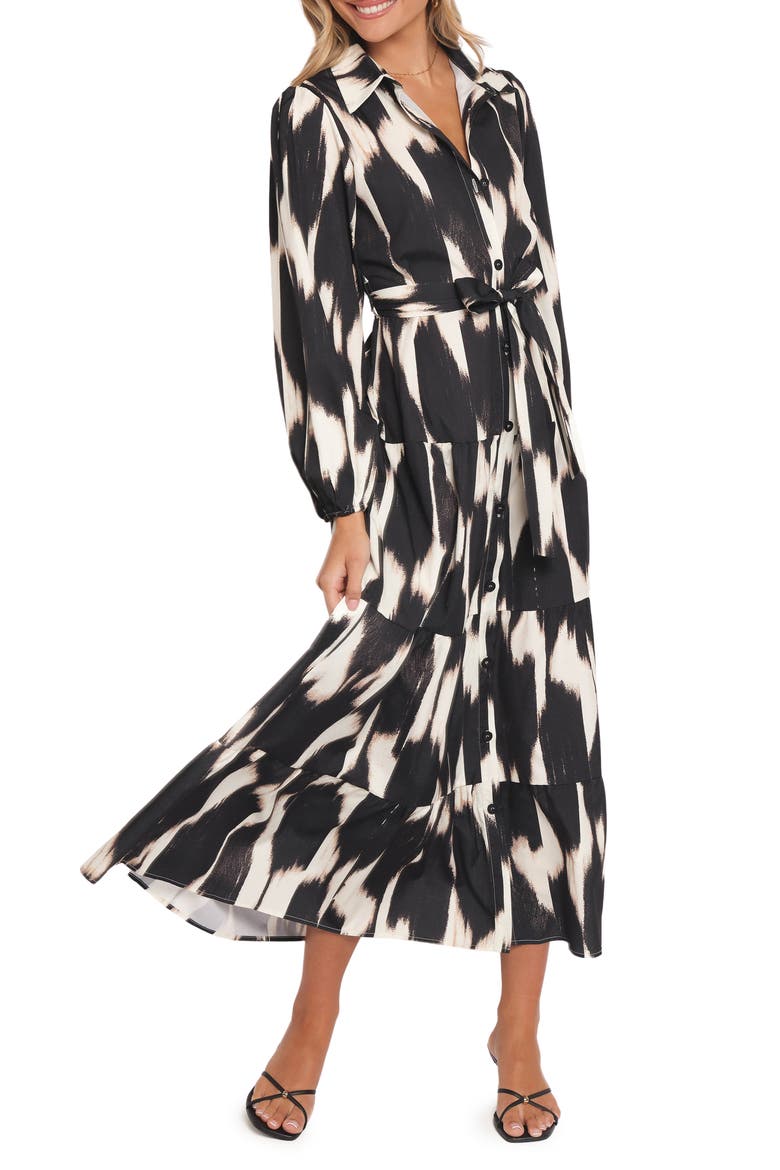 Lincoln Print Tie Waist Long Sleeve Maxi Shirtdress