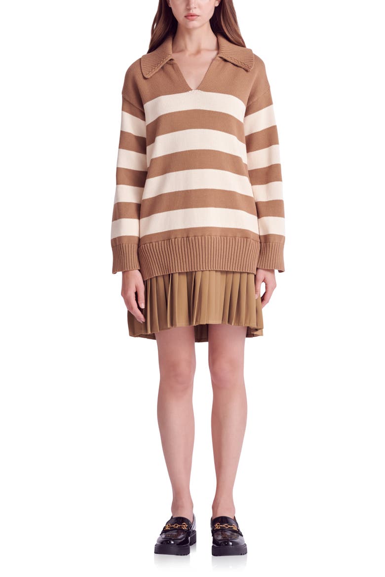 Mixed Media Long Sleeve Pleated Minidress