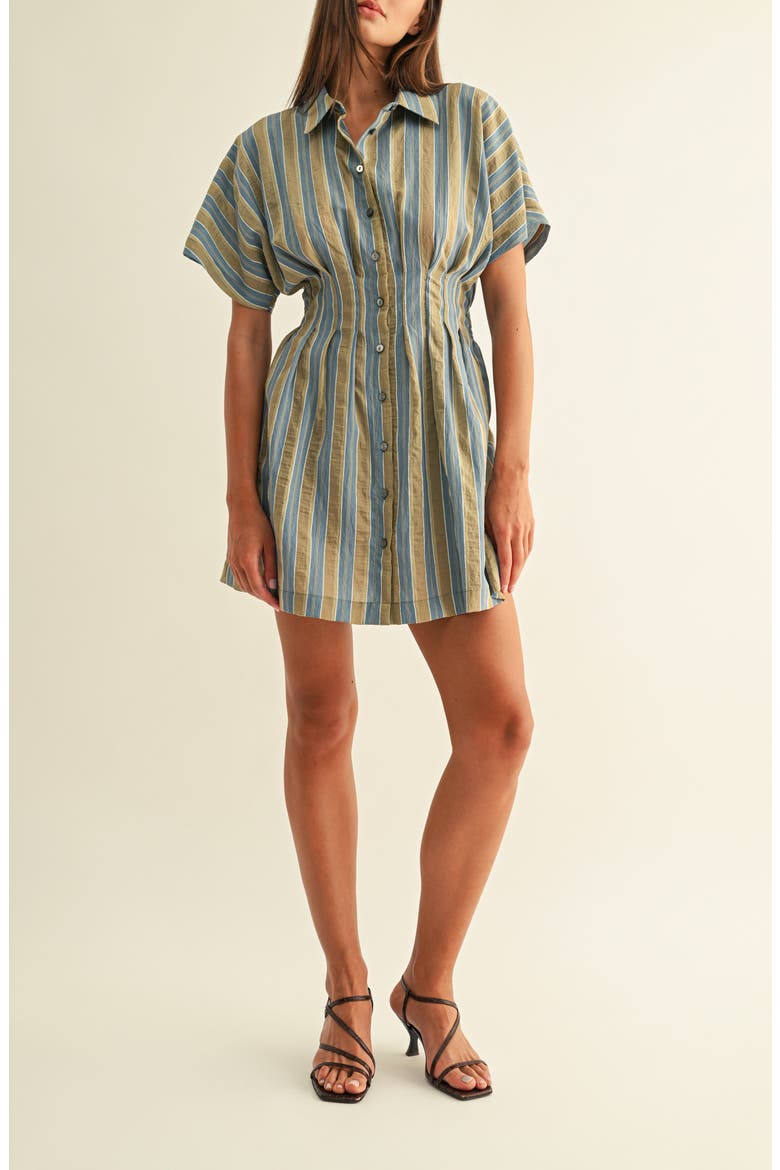 Dominique Stripe Pleat Mini Shirtdress