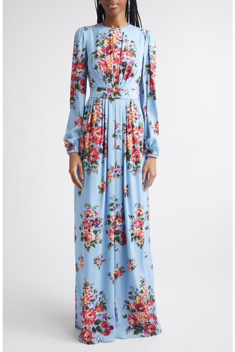 Flower Bouquet Print Long Sleeve Charmeuse Gown