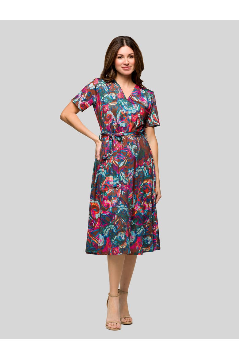 Brown and Pink Print Short Sleeve Tie Waist Midi Dress