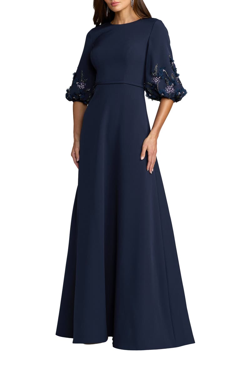 Beaded Crepe Bishop Sleeve A Line Gown