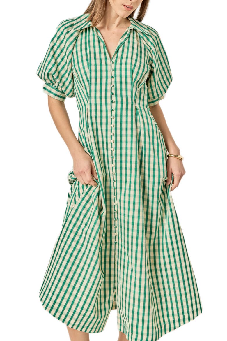 Gingham Puff Sleeve Midi Shirtdress