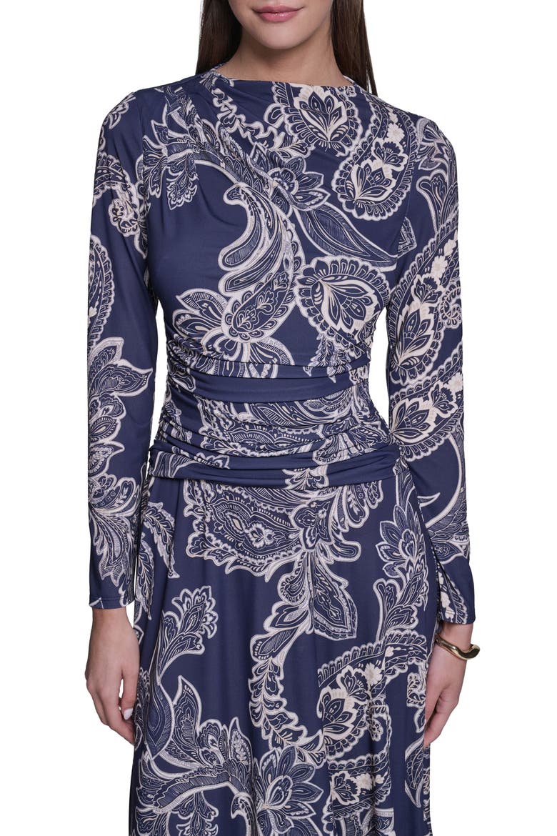 Long Sleeve Paisley Printed Jersey Midi Dress
