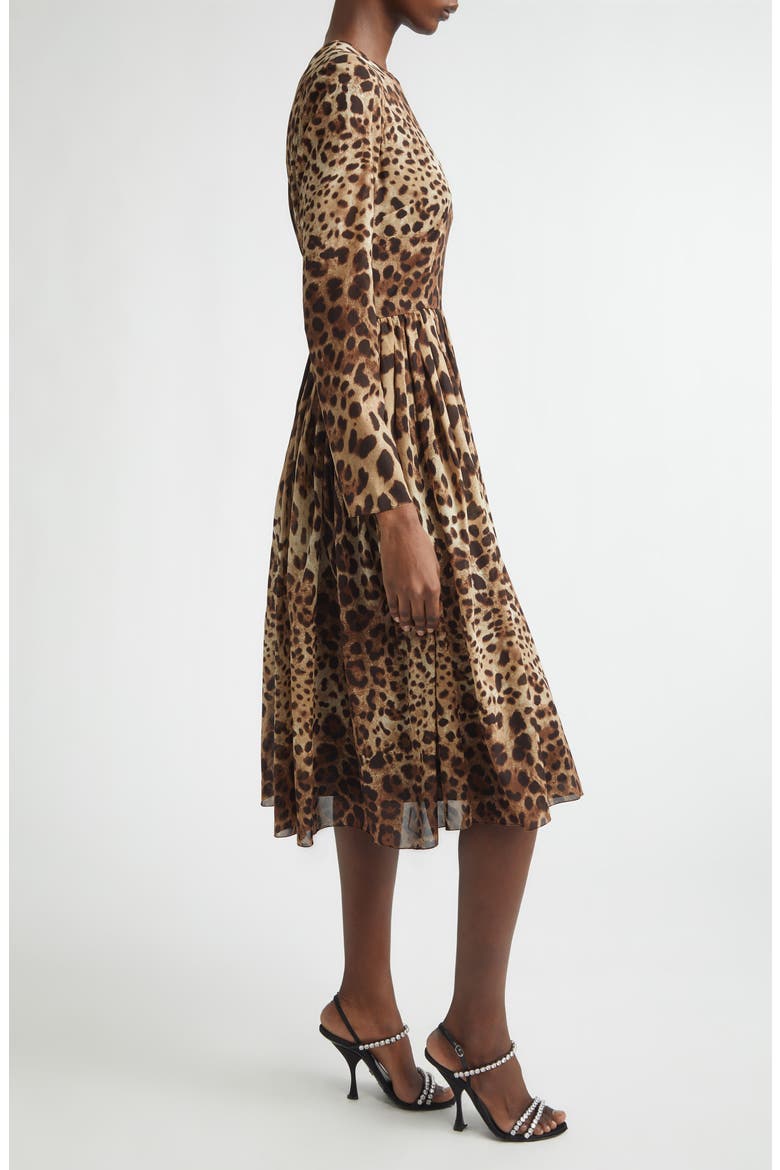Leopard Print Long Sleeve Stretch Silk Midi Dress