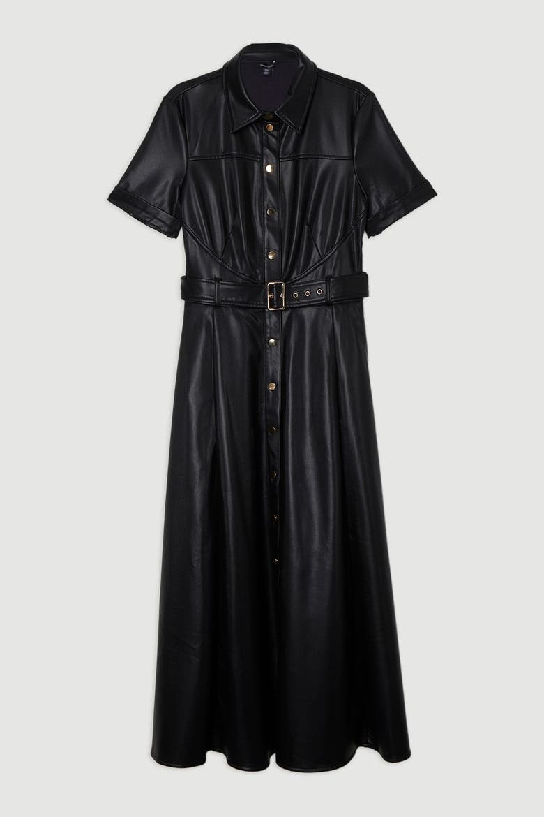 Faux Leather Belted Midi Shirt Dress