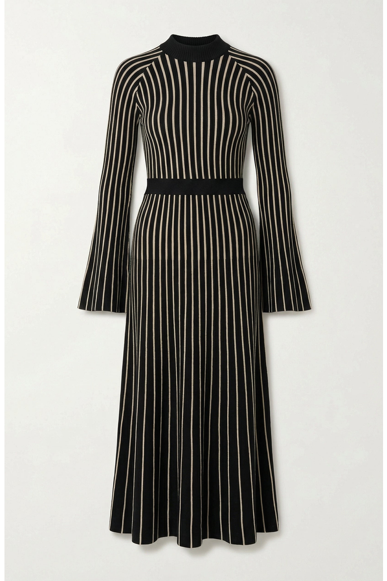 Striped Rib-Knit Long Sleeve Maxi Dress with Mock Neck