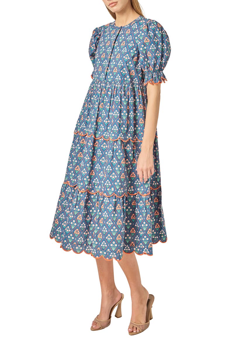 Ditsy Floral Scallop Trim Tiered Midi Dress