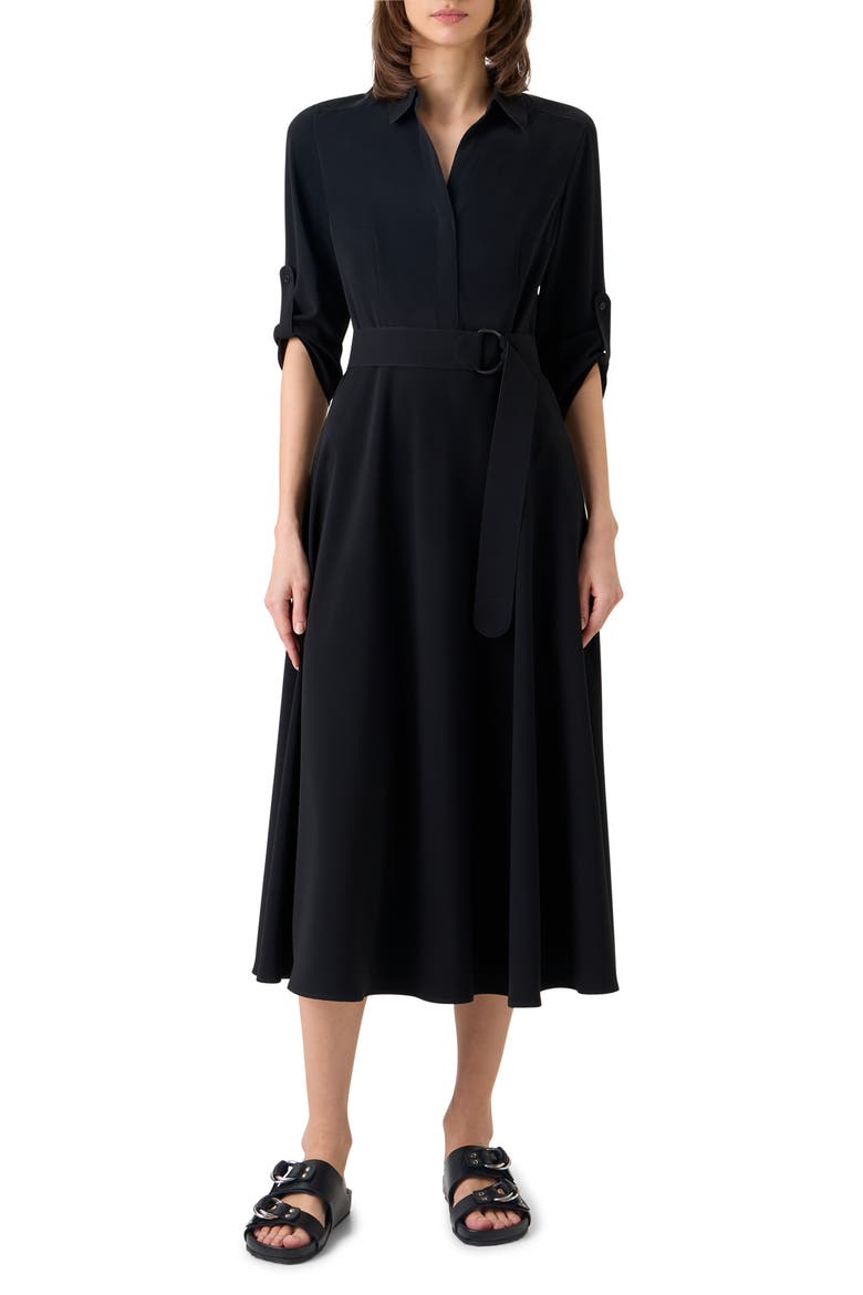 Belted Laser Cut Crepe Midi Shirtdress