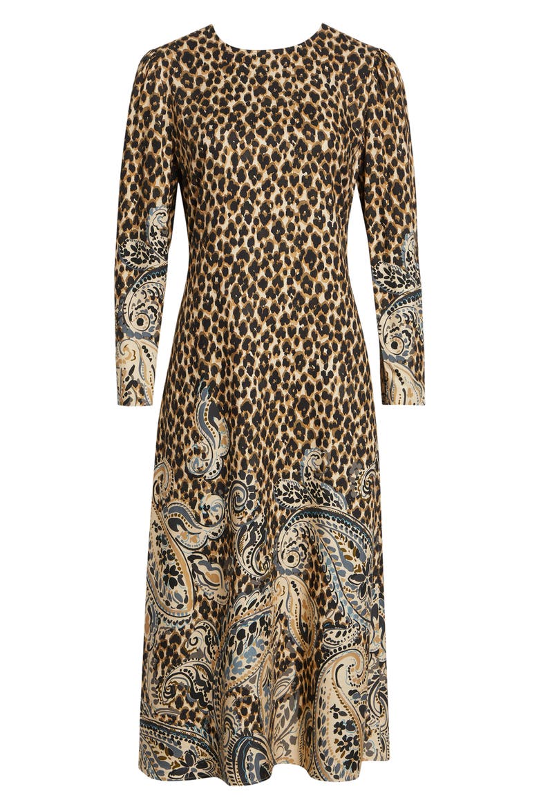 Mixed Print Long Sleeve Midi Dress